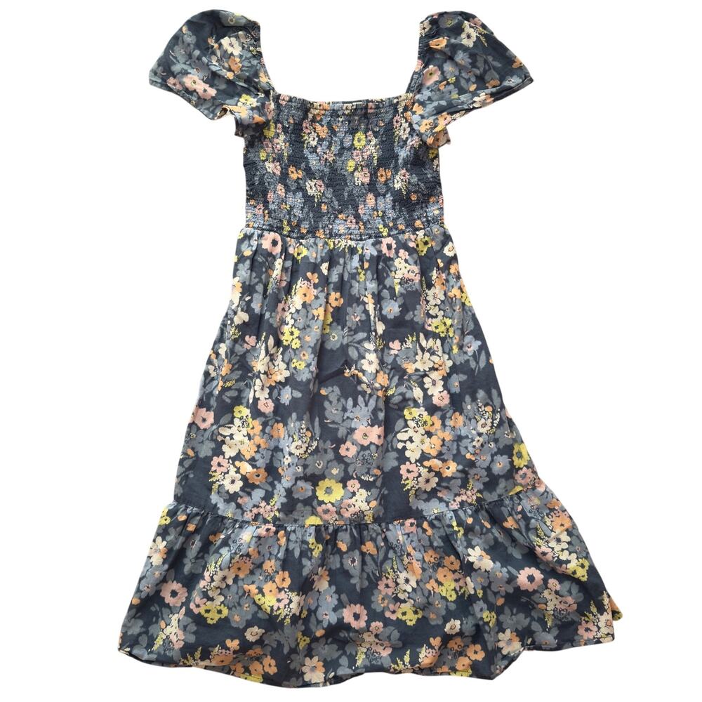 GAP Women’s XS Blue Floral Smocked Puff Sleeve Tiered Midi Dress
